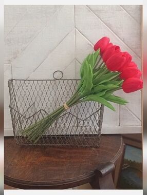 Red Tulips Vignette 12 hand-tied  in a vintage crusty wall pocket Sold Together